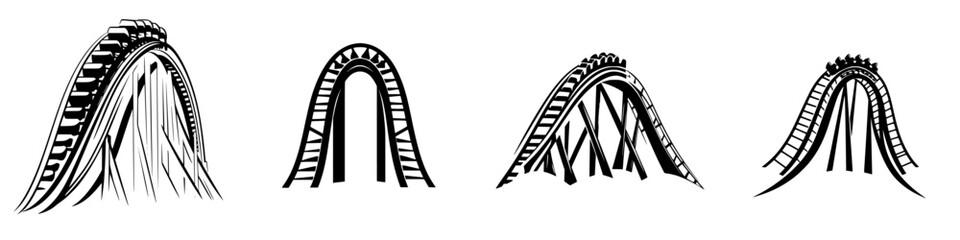 Obraz premium Unique collection of flat black roller coaster icons showcasing different ride designs and structures