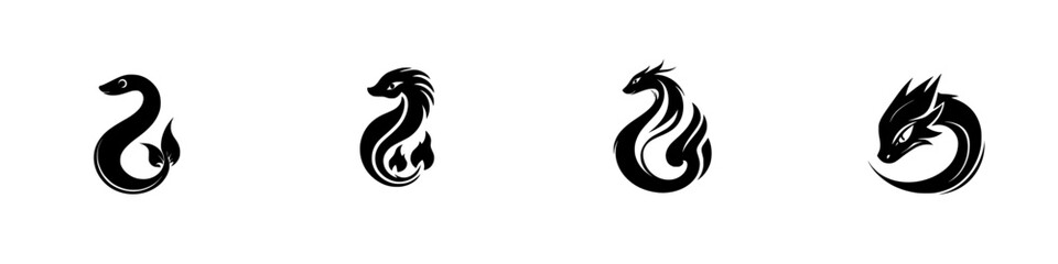Unique flat black icons representing various dragon designs for modern art and graphic applications