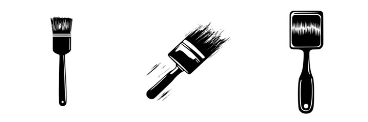 Flat black icons of paintbrushes illustrating various painting tools and techniques in a minimalistic style