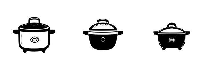 Iconic flat black rice cookers in various designs showcasing modern kitchen appliances