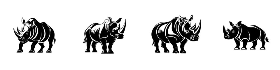 Stylized flat black icon of rhinoceroses in various sizes and postures showcasing their unique features and characteristics