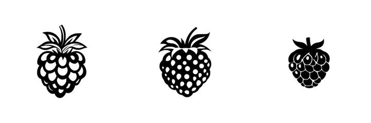 Flat black icon design featuring three variations of raspberry fruit in a minimalist style