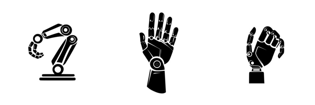 Innovative designs of robotic hands and arms in flat black icon style showcasing advanced technology concepts