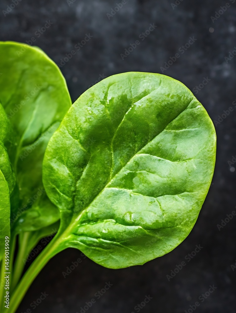 Poster close-up view of vibrant green spinach leaves, showcasing their texture and rich color against a dar
