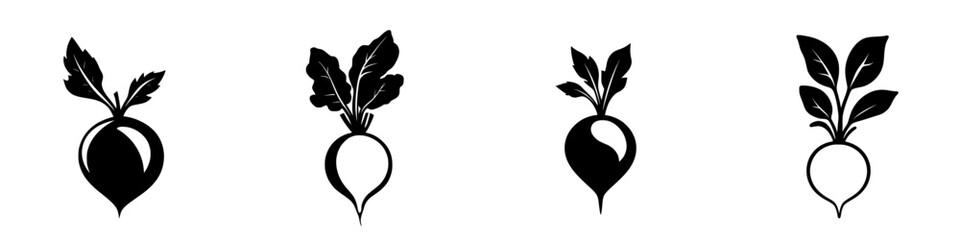 Flat black icons of radishes displaying different angles and leaf arrangements in minimalist design