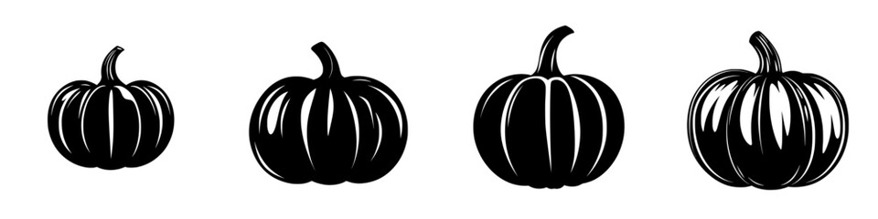 Flat black icon of four different pumpkin shapes showcasing various sizes and details in a minimalist design suitable for autumn themes