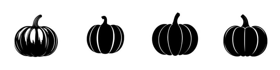 Various flat black pumpkin icons showcasing different shapes and sizes perfect for autumn-themed designs