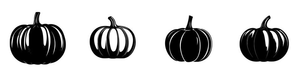 Variety of flat black pumpkin icons showcasing different shapes and sizes for autumn-themed designs and decorations