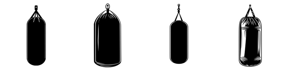 Various flat black boxing bag icons displayed in different shapes and styles suitable for sports and fitness designs