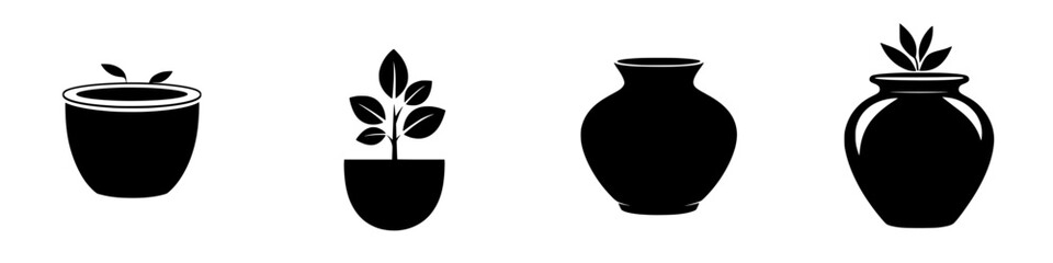 Variety of flat black plant pot icons showcasing different styles and designs suitable for gardens and home decor