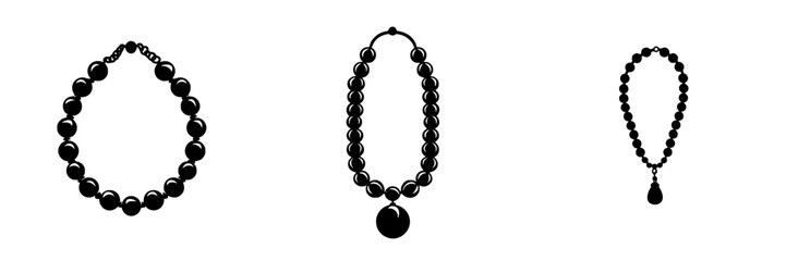 Flat black icon of three distinct necklaces designed with round beads showcasing different styles and lengths