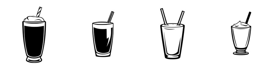 Icon set of flat black drinks with straws including various types of beverages for menu or graphic design use