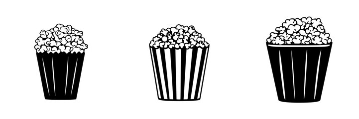 Variety of iconic popcorn containers in flat black design showcasing different styles and shapes