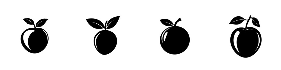 Stylized flat black fruit icons showcasing apple and orange designs with leaves