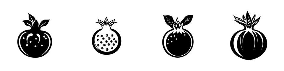 Variety of flat black fruit icons showcasing different stages of pomegranate design suitable for culinary and artistic projects