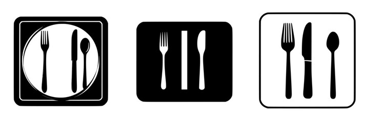 Flat black icons of cutlery showing forks and knives in various arrangements for dining purposes