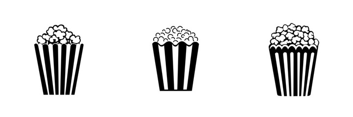 Popcorn icon set featuring various styles in flat black design for snack and cinema themes