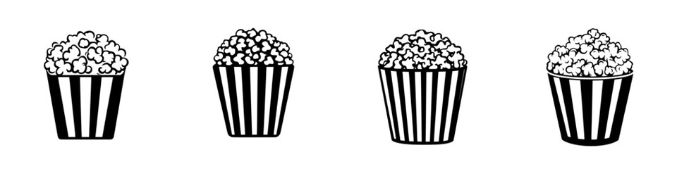 Flat black icons of popcorn in various shapes and sizes representing snacks for movies or events