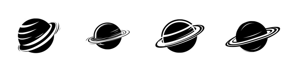 Flat black icons representing various stylized planets with rings, suitable for creative design projects and educational purposes