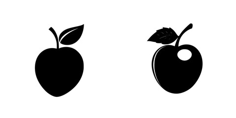 Black icons of apples with and without a bite, designed for use in graphic projects and digital media