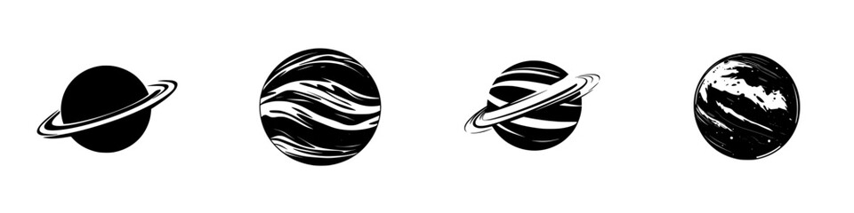 Flat black icons representing planets with distinct textures and designs in a simple artistic arrangement © Andrei