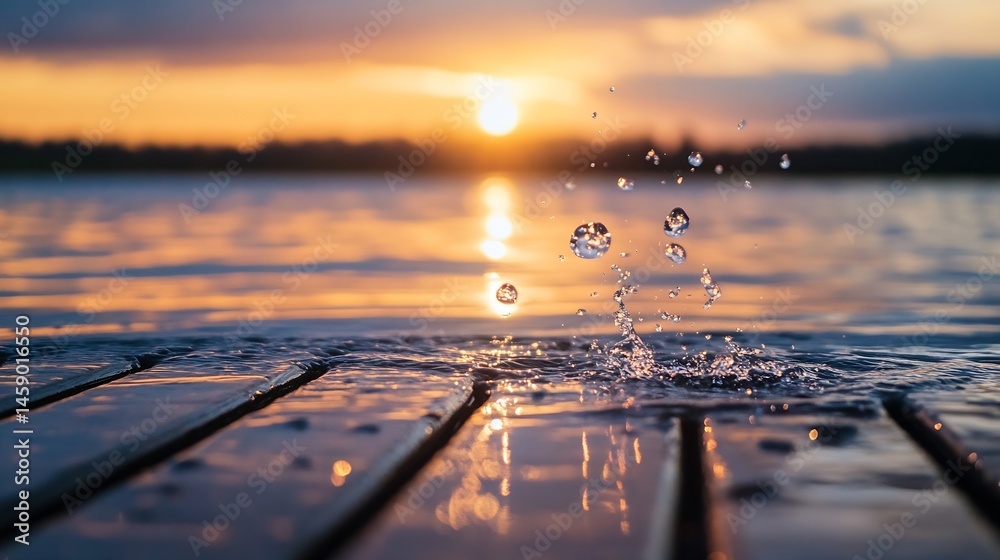 Poster water droplets splashing on wooden planks at sunset, creating a vibrant reflection of the golden hou