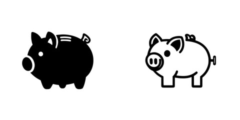 Flat black piggy bank icon displayed alongside a white piggy bank design for financial representation
