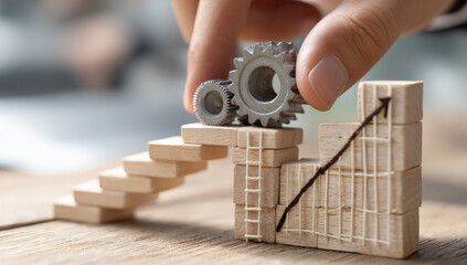 Hand placing metal gears on wooden blocks representing a rising graph, symbolizing growth and progress in business or career development.