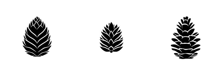 Black icon collection featuring three varying-sized pine cones on a white background