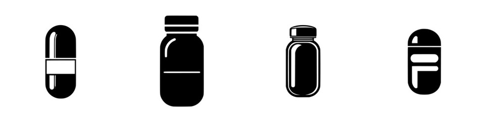 Various flat black icons depicting capsules and bottles representing medicine and supplements in simple graphic style