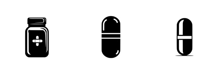 Black icon set featuring a medicine bottle and two capsule designs for health-related visuals