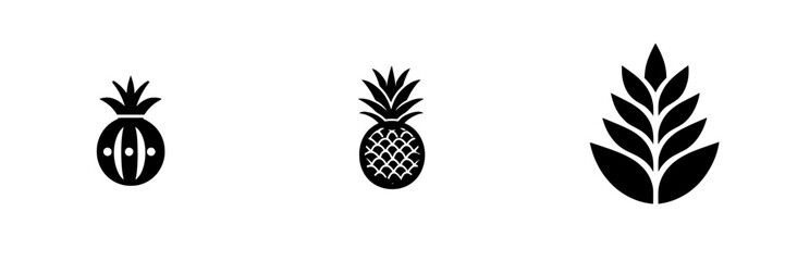 Flat black icons depicting various pineapple designs and illustrations suitable for minimalist graphic projects