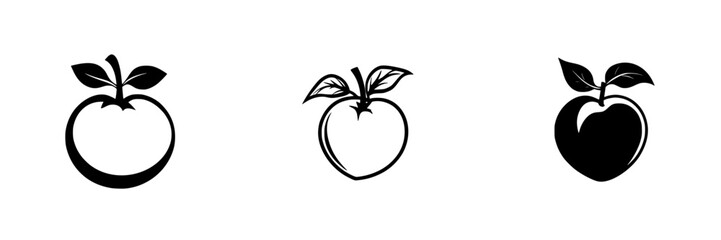 Flat black fruit icons showcasing various apple designs with distinct styles and shapes on a plain background