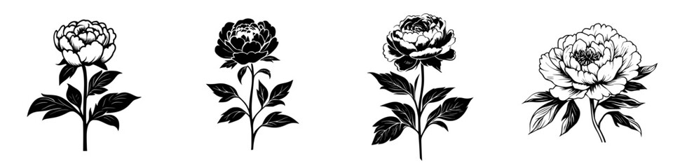 Flat black icons of peony flowers with varying styles on a white background for design projects and creative use