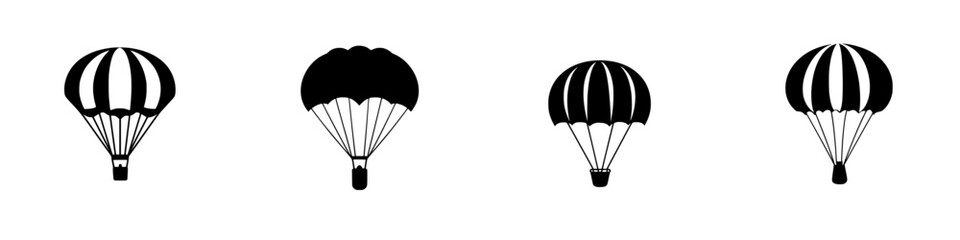 Obraz premium Various flat black icons of parachutes with different designs and styles on a white background