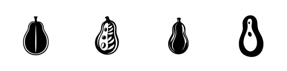 Collection of flat black icons representing various types of squash on a plain background