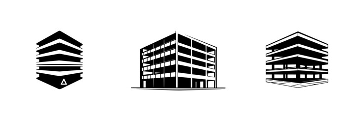 Icon set representing modern architectural structures in flat black design for versatile graphic use