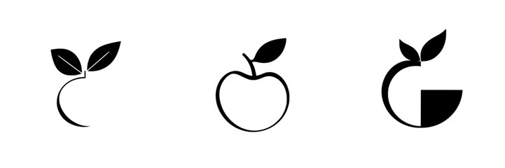 Black flat icons featuring leaves and apples in a minimalist design for versatile use in various applications