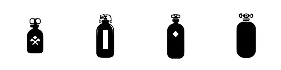 Various flat black icons of gas cylinder designs representing different gas types and safety features