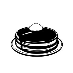 Flat black icon depicting a stack of pancakes with syrup and a dollop of cream on top