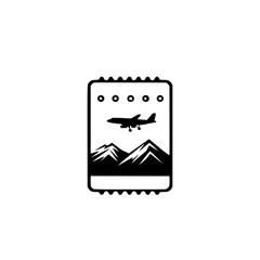 Flat black icon depicting an airplane flying above mountains and a ticket design suitable for travel themes