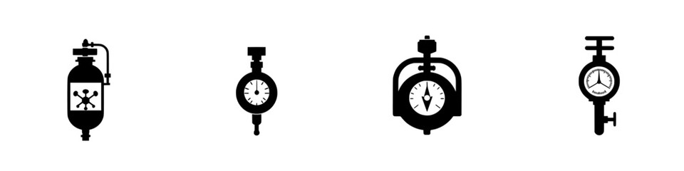 Collection of flat black icons representing pressure gauges and gas cylinders in a minimalist design