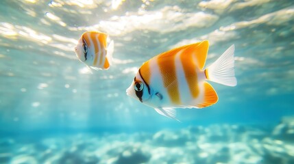 Underwater Ballet: Two exquisite fish glide gracefully through the clear, sun-dappled waters, their vibrant colors creating a stunning display of marine life beauty.