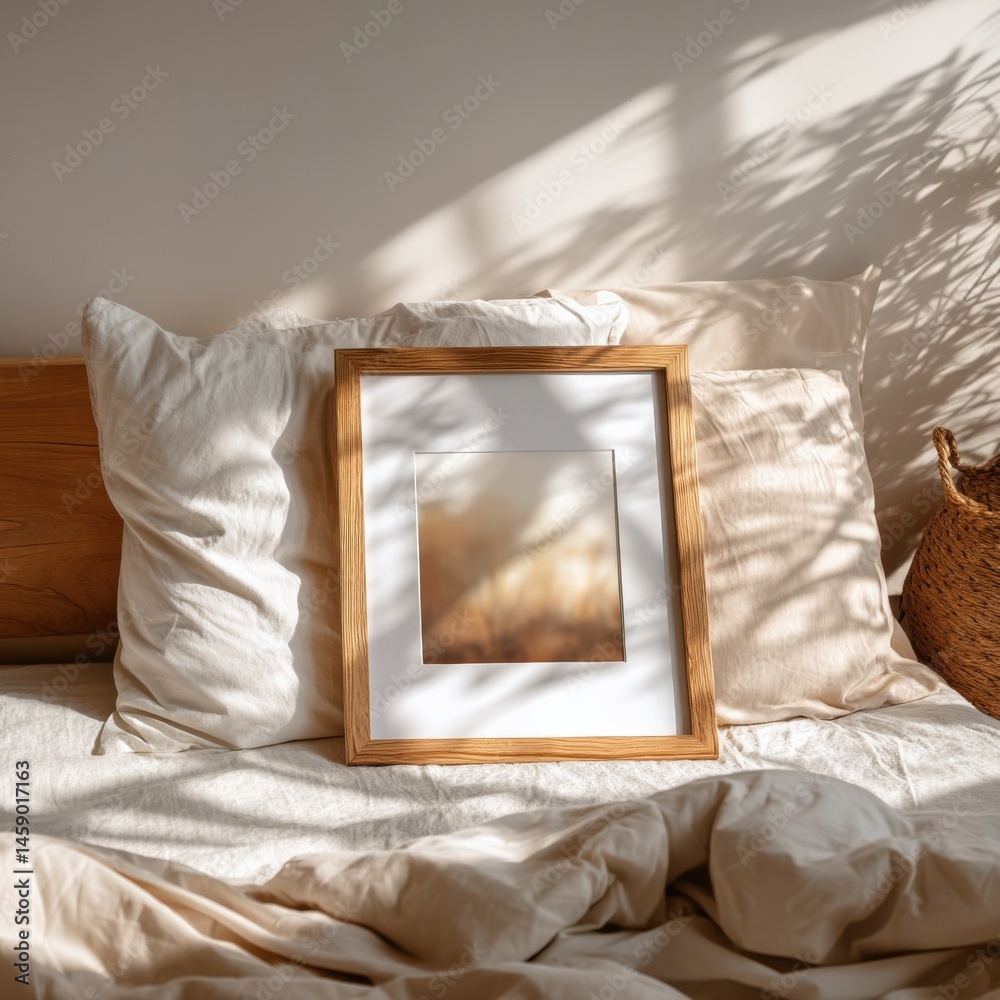 Poster wooden frame mockup on beige bedding, sunlit bedroom scene with soft shadows and textured pillows, c