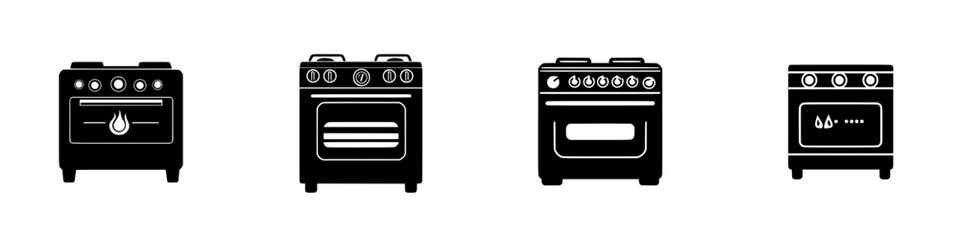 Collection of flat black oven icons depicting various designs and features for kitchen use