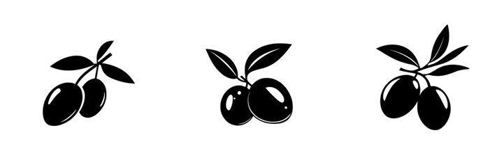 Three black icons depicting olive branches with varying numbers of olives arranged simply on a white background showcasing minimalist design
