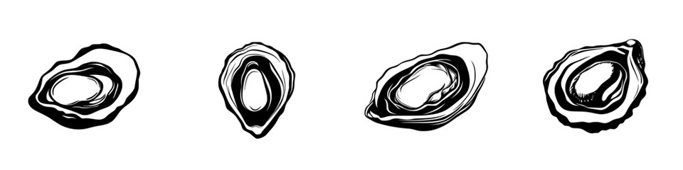 Flat black icon of various oyster shell shapes depicting diverse textures and sizes, ideal for culinary or nautical themes