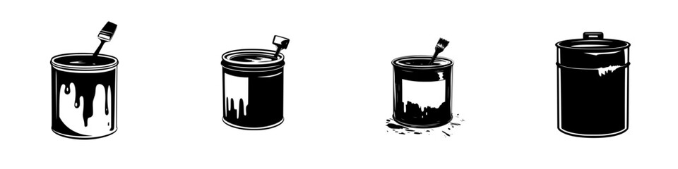 Icon set illustrating various paint cans with brushes, capturing creativity and home improvement themes