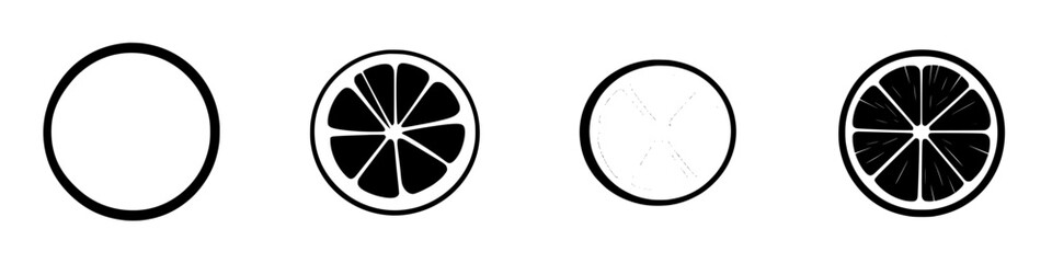 Flat black icons representing various stages of a citrus fruit cut in different ways, showing a simple and modern design style
