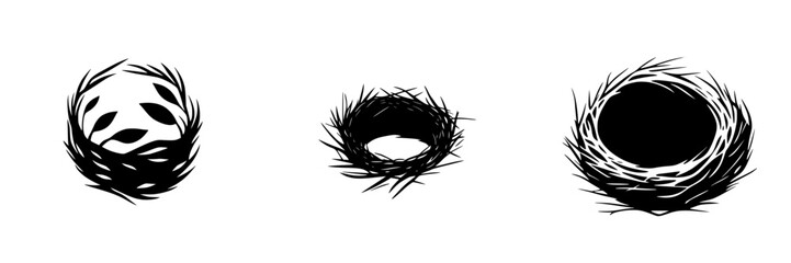 Obraz premium Collection of flat black icon representations of bird nests with varying designs and shapes